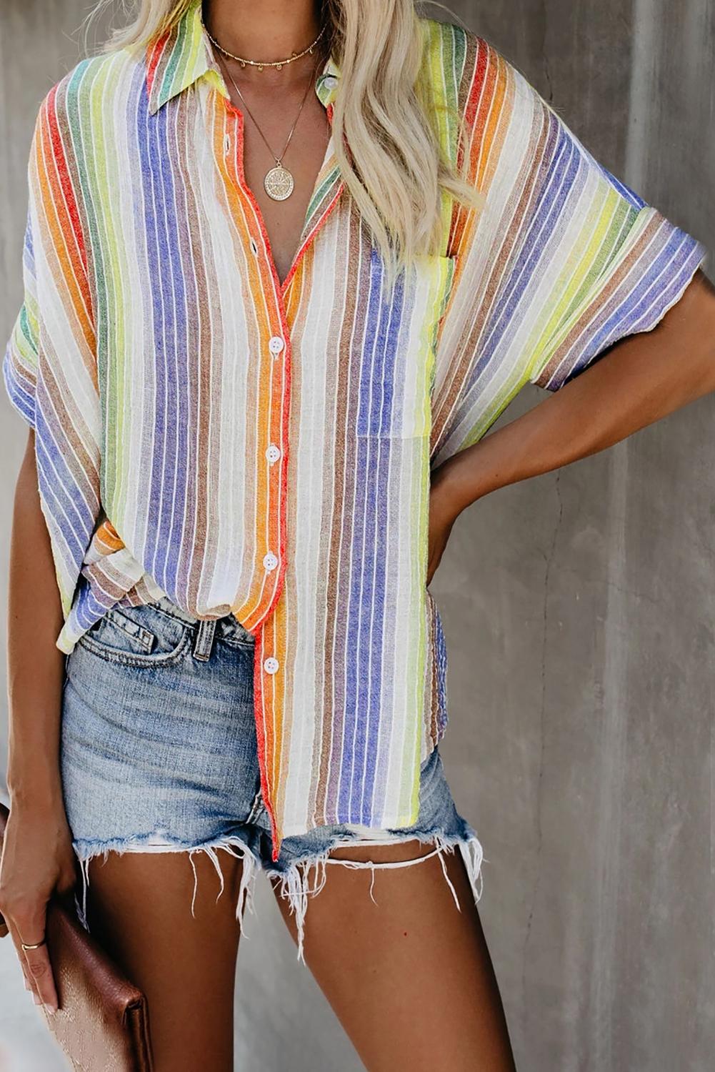 Striped Short Sleeve Button Down Top