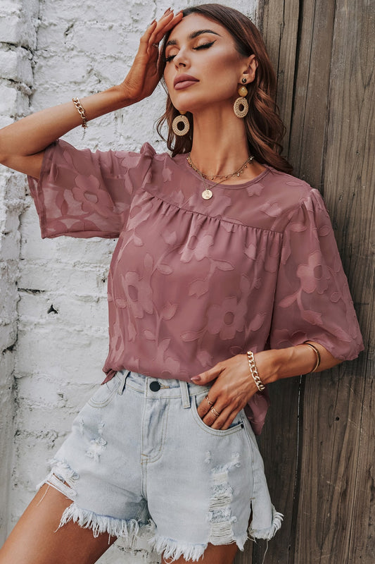 Applique Round Neck Half Sleeve Blouse