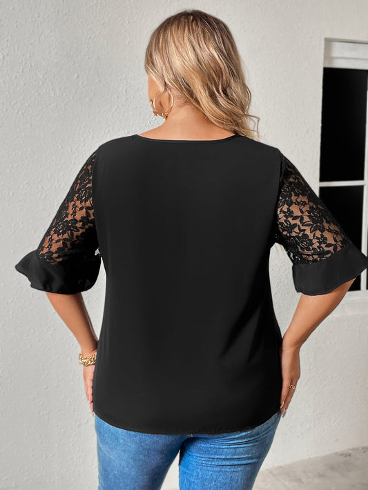 Plus Size Cutout Round Neck Spliced Lace Flounce Sleeve Blouse