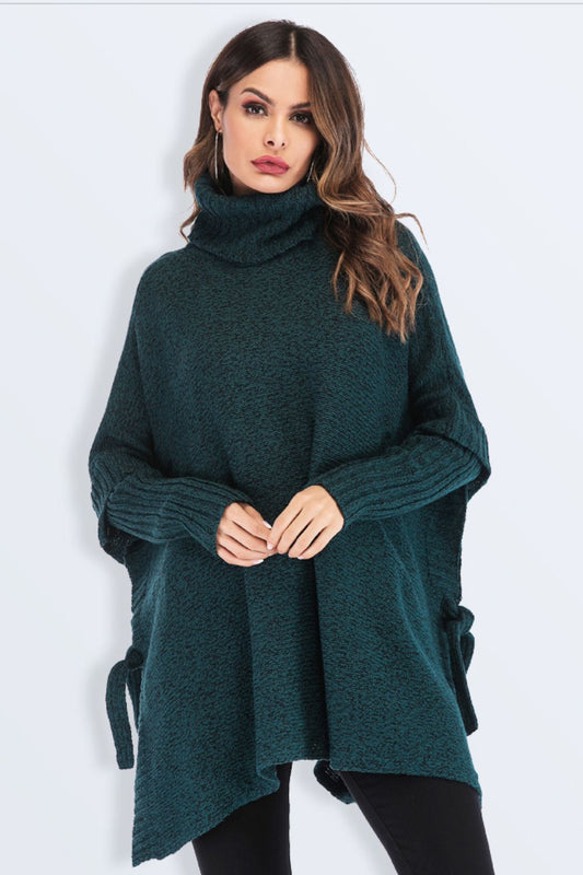 Double Take Tied Turtleneck Asymmetrical Hem Sweater