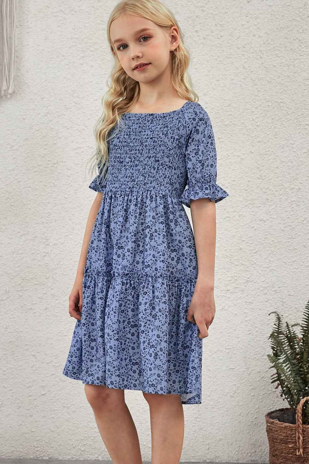 Girls Printed Smocked Flounce Sleeve Dress