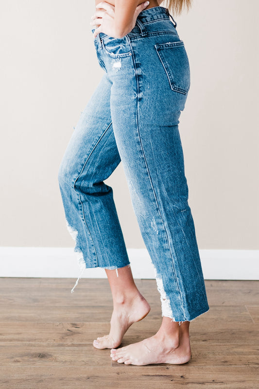 Special A Cropped Mid Rise Distressed Straight Jeans