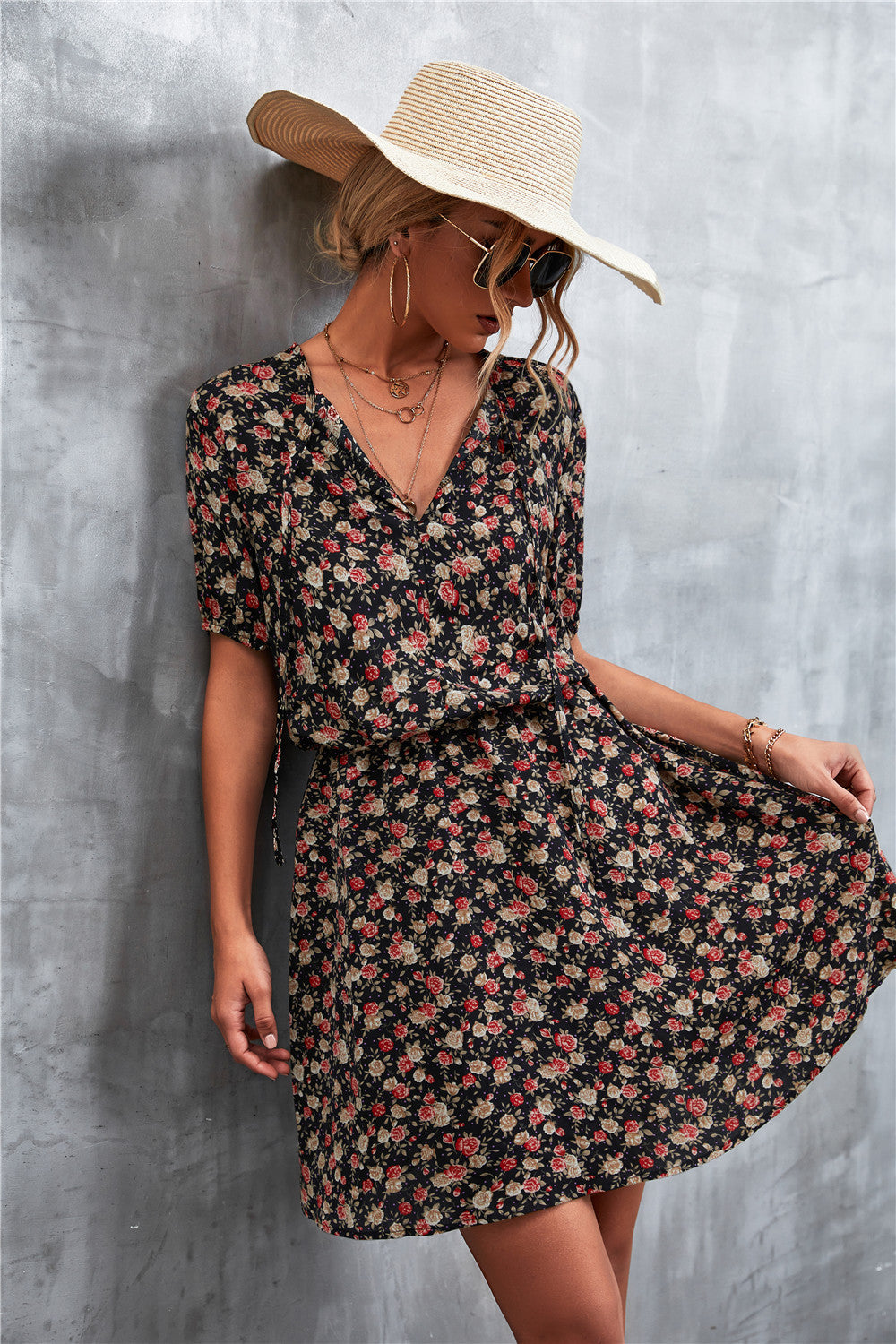 Floral Tie-Neck Short Sleeve Mini Dress