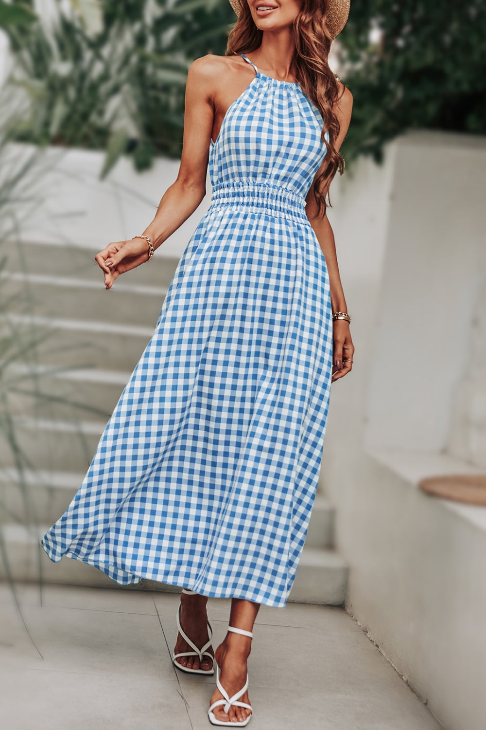 Plaid Smocked Tie Back Sleeveless Midi Dress