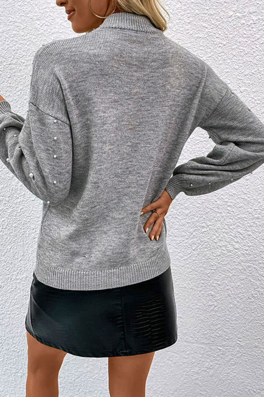 Woven Right Pearl Dropped Shoulder Ribbed Trim Sweater