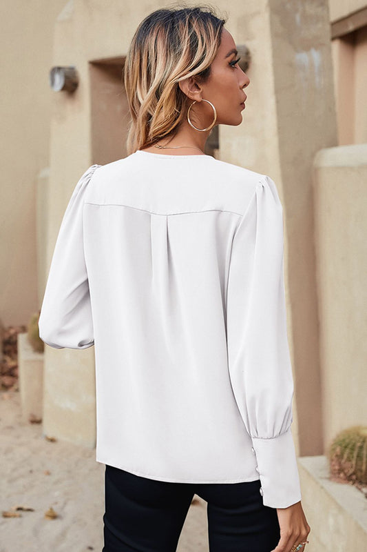 Notched Neck Lantern Sleeve Ruffle Trim Blouse